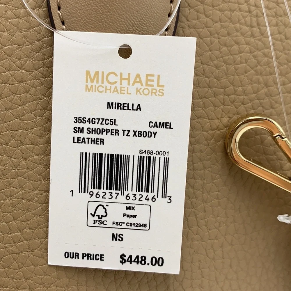 Michael Kors Mirella Small Pebbled Leather Crossbody Top Zip XBODY Bag Camel NWT - Picture 16 of 16